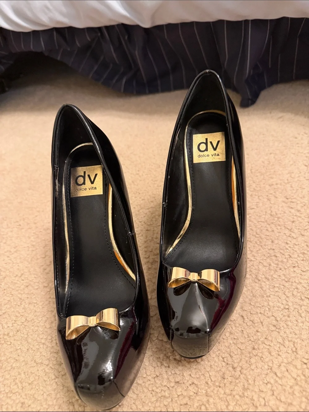 Dolce Vita Black Patent Platform Pumps with Gold Bow